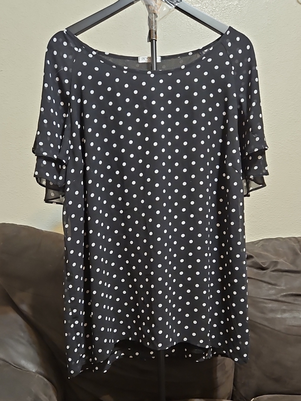 Polka Dot Ruffle Sleeve Blouse - Black/White